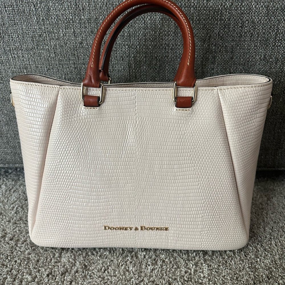 Dooney & Bourke Textured Cream Satchel with Brown Handles
